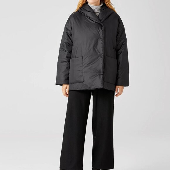 Eileen Fisher PL LP Petite Large Eggshell Recycled Nylon boxy puffer coat black - Picture 14 of 15